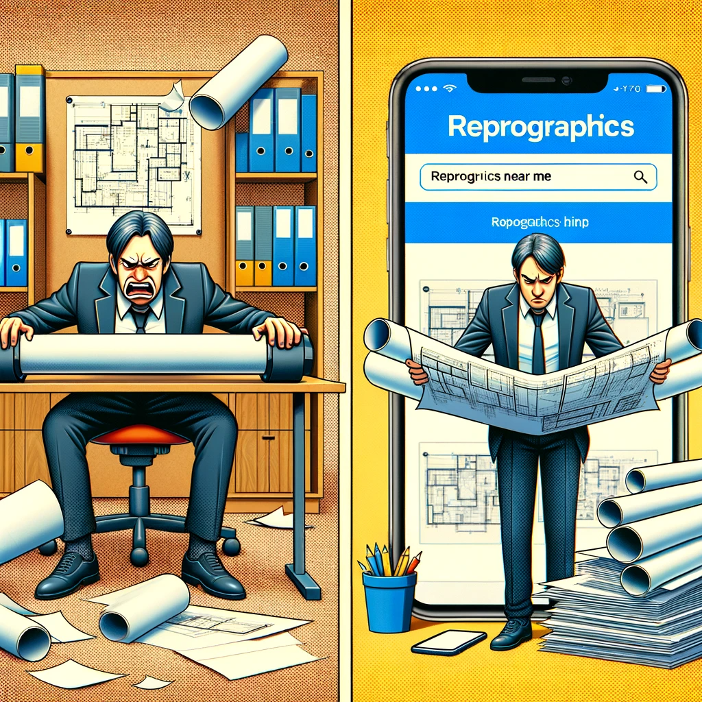 Split screen showing a business owner's transition from struggling with manual blueprints to utilizing a 'Reprographics Near Me' search with successful results.