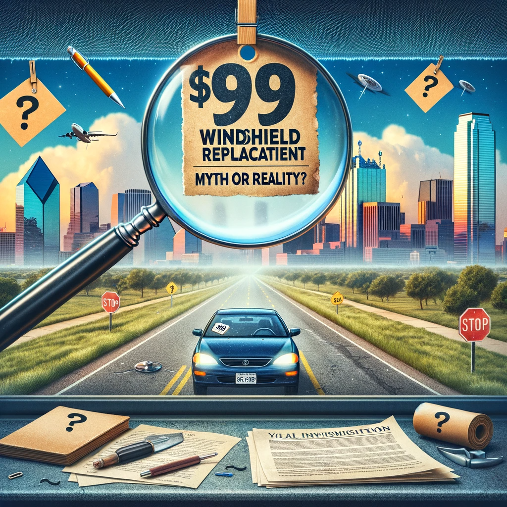 An investigative scene with a car featuring a new windshield and a $99 price tag, Dallas skyline in the background, under the scrutiny of a magnifying glass.