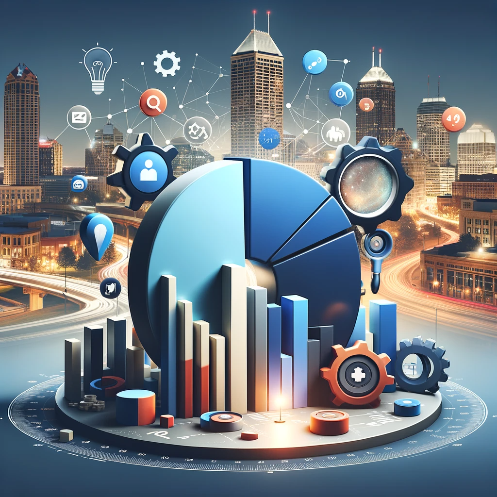 A dynamic image featuring a 3D pie chart and digital marketing icons with Indianapolis landmarks in the background, representing market leadership in the digital marketing industry.